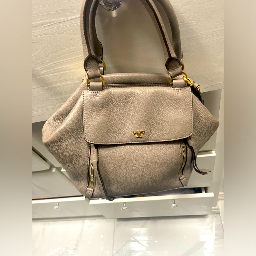 Tory Burch claret satchel tan/gray leather bag